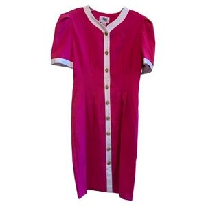 Hot Pink and White Classic 1980s Vintage Dress w/ Gold Buttons